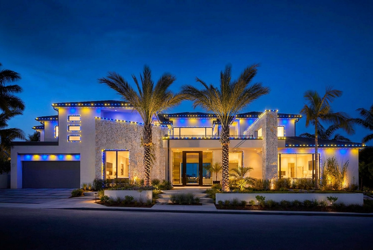 Luxury Orange County home lit with Game Day LED preset