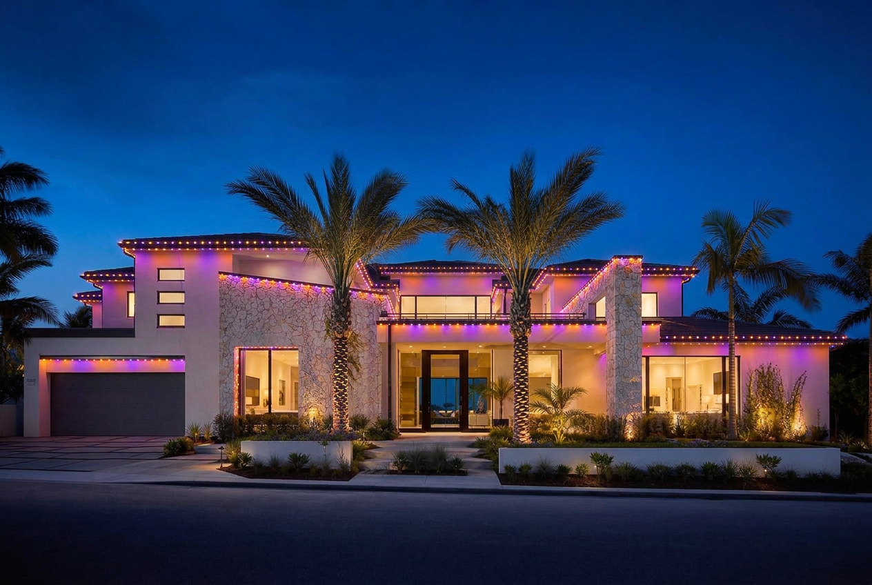 Luxury Orange County home lit with Halloween LED preset