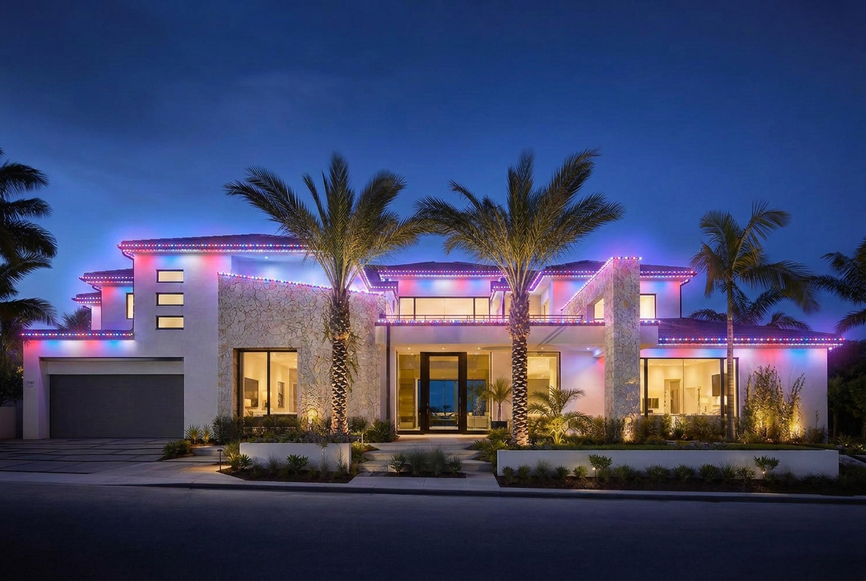 Luxury Orange County home lit with Fourth of July LED preset