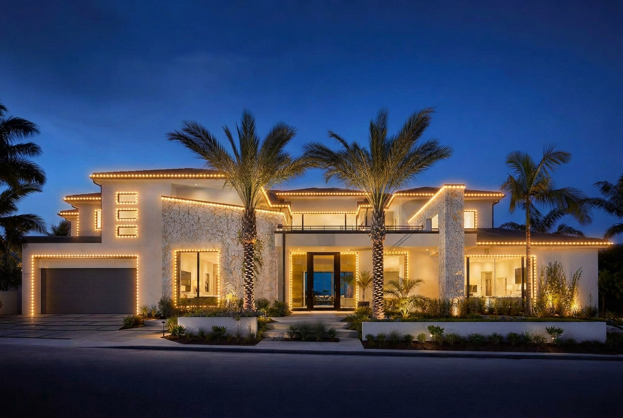 Luxury Orange County home lit with Warm White LED preset
