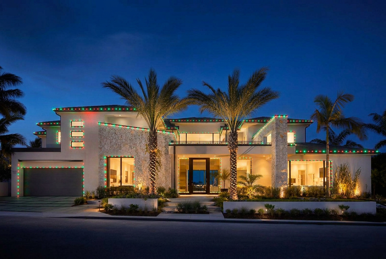 Luxury Orange County home lit with Christmas LED preset